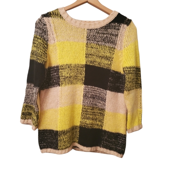 Topshop Sweaters - Women's Topshop Crew Neck Pullover Colorblock Sweater Sz US 4 Yellow Black Beige